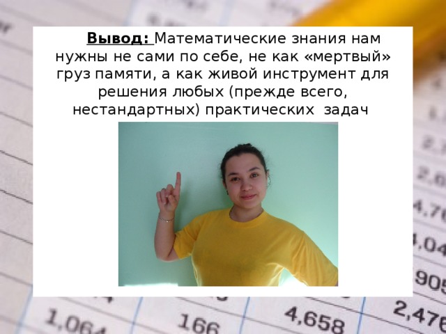Вывод: Математические знания нам нужны не сами по себе, не как «мертвый» груз памяти, а как живой инструмент для решения любых (прежде всего, нестандартных) практических задач 