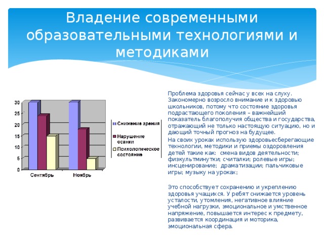Владение современными образовательными технологиями и методиками Проблема здоровья сейчас у всех на слуху. Закономерно возросло внимание и к здоровью школьников, потому что состояние здоровья подрастающего поколения – важнейший показатель благополучия общества и государства, отражающий не только настоящую ситуацию, но и дающий точный прогноз на будущее. На своих уроках использую здоровьесберегающие технологии, методики и приемы оздоровления детей такие как: смена видов деятельности; физкультминутки; считалки; ролевые игры; инсценирование; драматизации; пальчиковые игры; музыку на уроках; Это способствует сохранению и укреплению здоровья учащихся. У ребят снижается уровень усталости, утомления, негативное влияние учебной нагрузки, эмоциональное и умственное напряжение, повышается интерес к предмету, развивается координация и моторика, эмоциональная сфера. 