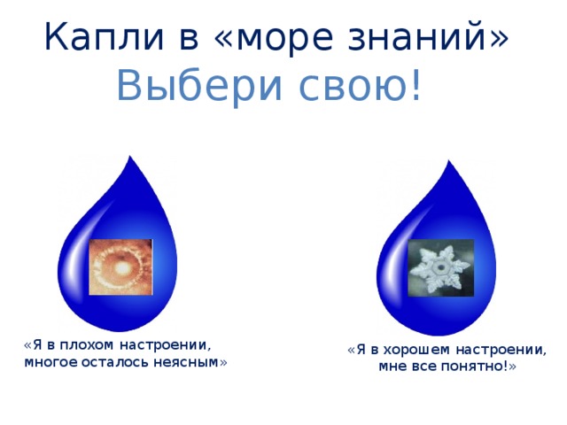 Капли в «море знаний» Выбери свою! «Я в плохом настроении, многое осталось неясным» «Я в хорошем настроении, мне все понятно!» 