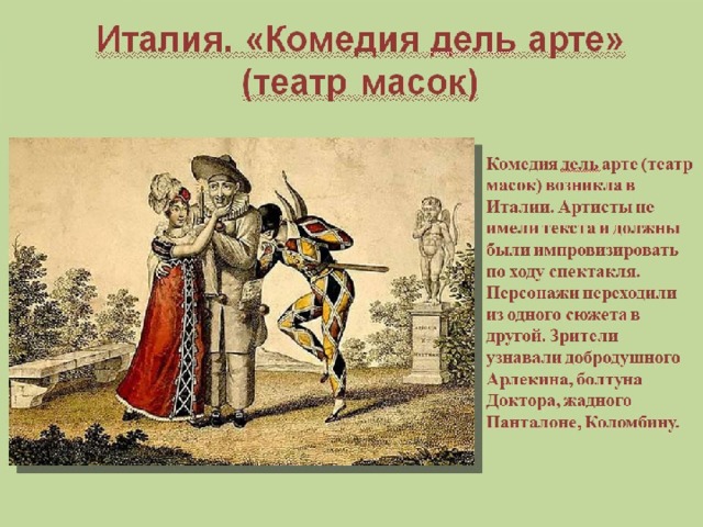 Италия. «Комедия дель арте» (театр масок) Комедия дель арте (театр масок) возникла в Италии. Артисты не имели текста и должны были импровизировать по ходу спектакля. Персонажи переходили из одного сюжета в другой. Зрители узнавали добродушного Арлекина, болтуна Доктора, жадного Панталоне, Коломбину. 