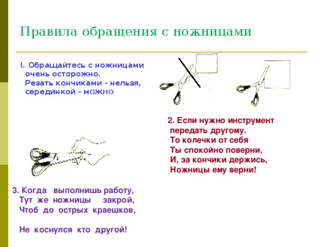 3. Когда выполнишь работу,  Тут же ножницы закрой,  Чтоб до острых краешков,    Не коснулся кто другой! Правила обращения с ножницами I . Обращайтесь с ножницами  очень осторожно.  Резать кончиками - нельзя,  серединкой - м ОЖНО  2. Если нужно инструмент  передать другому.  То колечки от себя  Ты спокойно поверни,  И, за кончики держись,  Ножницы ему верни! 