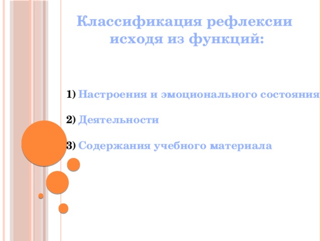 Классификация рефлексии  исходя из функций: Настроения и эмоционального состояния  Деятельности  Содержания учебного материала 