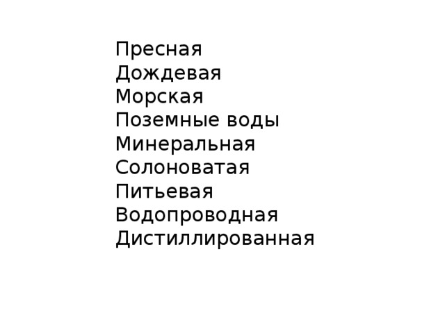 Пресная Дождевая Морская Поземные воды Минеральная Солоноватая Питьевая Водопроводная Дистиллированная 