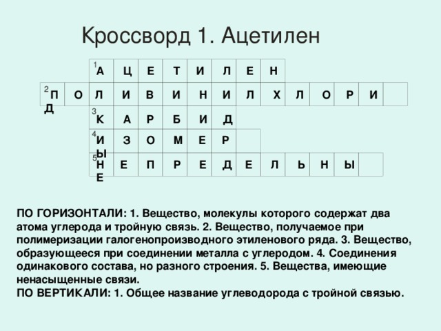 А Ц Е Т И Л Е Н  П О Л И В И Н И Л Х Л О Р И Д К А Р Б И Д И З О М Е Р Ы Н Е П Р Е Д Е Л Ь Н Ы Е ПО ГОРИЗОНТАЛИ: 1. Вещество, молекулы которого содержат два атома углерода и тройную связь. 2. Вещество, получаемое при полимеризации галогенопроизводного этиленового ряда. 3. Вещество, образующееся при соединении металла с углеродом. 4. Соединения одинакового состава, но разного строения. 5. Вещества, имеющие ненасыщенные связи. ПО ВЕРТИКАЛИ: 1. Общее название углеводорода с тройной связью. 