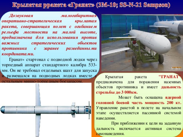 Дозвуковая малогабаритная оперативно-стратегическая крылатая ракета, совершающая полет с огибанием рельефа местности на малой высоте, предназначена для использования против важных стратегических обьектов противника с заранее разведанными координатами. Гранат» стартовал с подводной лодки через торпедный аппарат стандартного калибра 533-мм. Он не требовал отдельных шахт для запуска и размещался на подводных лодках вместе с остальным минно-торпедным боезапасом. Крылатая ракета 