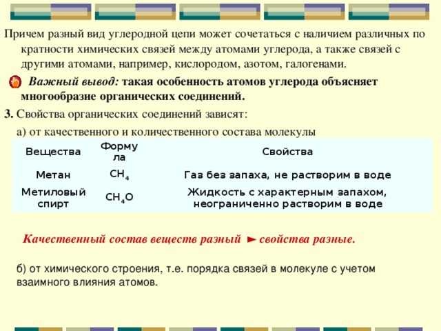 Причем разный вид углеродной цепи может сочетаться с наличием различных по кратности химических связей между атомами углерода, а также связей с другими атомами, например, кислородом, азотом, галогенами.  Важный вывод: такая особенность атомов углерода объясняет многообразие органических соединений. 3. Свойства органических соединений зависят:  а) от качественного и количественного состава молекулы  Качественный состав веществ разный ► свойства разные.  Вещества Формула Метан Свойства СН 4 Метиловый спирт СН 4 О Газ без запаха, не растворим в воде Жидкость с характерным запахом, неограниченно растворим в воде б) от химического строения, т.е. порядка связей в молекуле с учетом взаимного влияния атомов. 