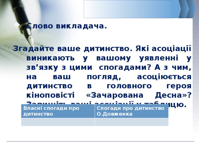Слово викладача.  Згадайте ваше дитинство. Які асоціації виникають у вашому уявленні у зв’язку з цими спогадами? А з чим, на ваш погляд, асоціюється дитинство в головного героя кіноповісті «Зачарована Десна»? Запишіть ваші асоціації у таблицю. Власні спогади про дитинство Спогади про дитинство О.Довженка 