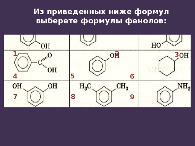 Из приведенных ниже формул выберете формулы фенолов: 1 2 3 4 5 6 7 8 9 