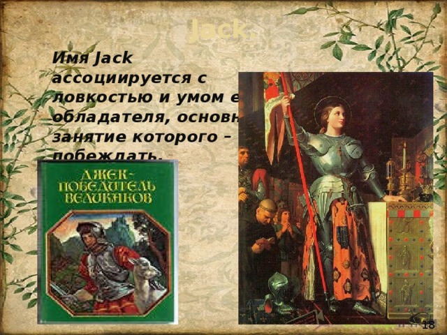 Jack. Имя Jack ассоциируется с ловкостью и умом его обладателя, основное занятие которого – побеждать. 18 