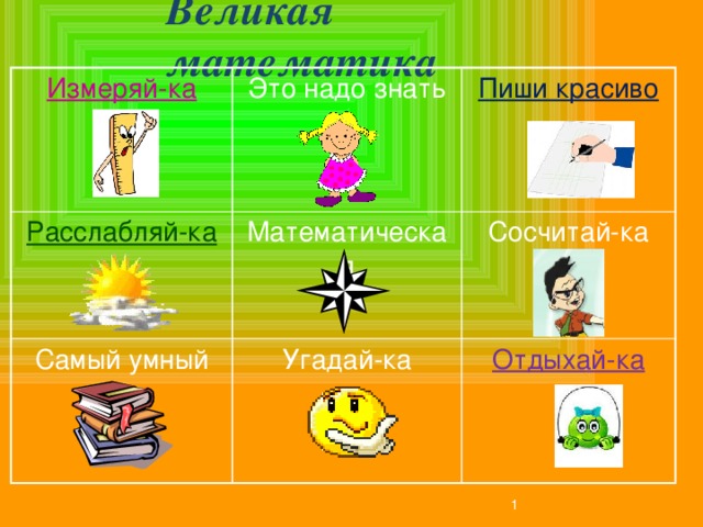 Великая математика Измеряй-ка Это надо знать Расслабляй-ка Самый умный Пиши красиво Математическая Угадай-ка Сосчитай-ка Отдыхай-ка  