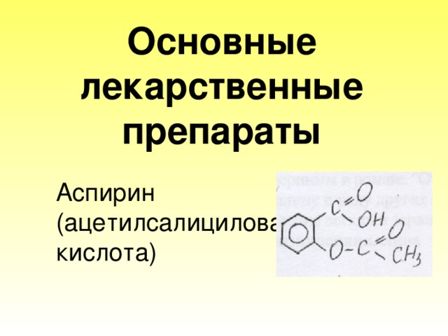 Основные лекарственные препараты Аспирин (ацетилсалициловая кислота)