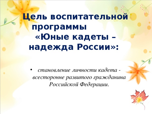 Цель воспитательной программы «Юные кадеты – надежда России»:   становление личности кадета - всесторонне развитого гражданина Российской Федерации. 