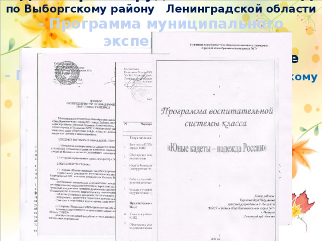    - Договор о сотрудничестве с УМВД по Выборгскому району Ленинградской области - Программа муниципального эксперимента - Положение о кадетском классе - П лан р аботы  с ОГИБДД по Выборгскому району Ленинградской области - Программа воспитательной системы класса    