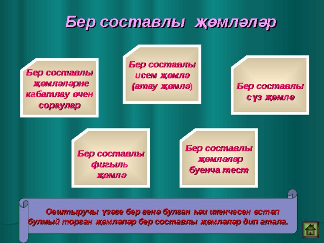 Бер составлы җөмләләр Бер составлы исем җөмлә (атау җөмлә )  Бер составлы сүз җөмлә Бер составлы  җөмләләрне кабатлау өчен сораулар  Бер составлы  җөмләләр буенча тест  Бер составлы фигыл ь   җөмлә  Оештыручы үзәге бер генә булган һәи икенчесен өстәп  булмый торган җөмләләр бер составлы җөмләләр дип атала.  