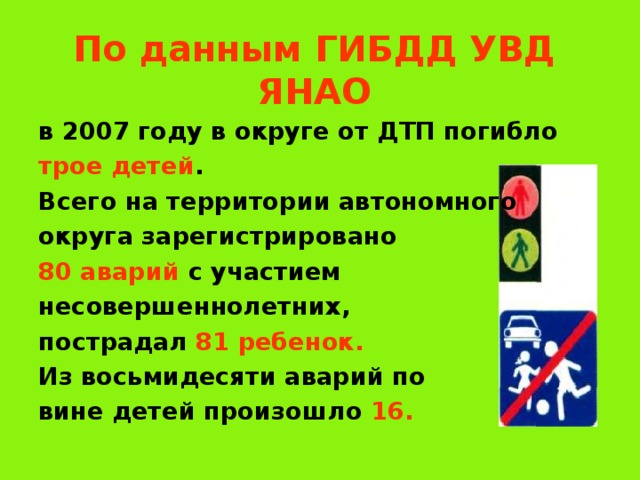 По данным ГИБДД УВД ЯНАО в 2007 году в округе от ДТП погибло трое детей . Всего на территории автономного округа зарегистрировано 80 аварий с участием несовершеннолетних, пострадал 81 ребенок.  Из восьмидесяти аварий по вине детей произошло  16.  