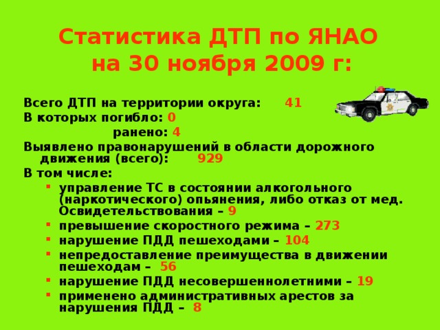 Статистика ДТП по ЯНАО  на 30 ноября 2009 г: Всего ДТП на территории округа:  41 В которых погибло: 0  ранено: 4 Выявлено правонарушений в области дорожного движения (всего):  929 В том числе: управление ТС в состоянии алкогольного (наркотического) опьянения, либо отказ от мед. Освидетельствования – 9 превышение скоростного режима – 273 нарушение ПДД пешеходами – 104 непредоставление преимущества в движении пешеходам – 56 нарушение ПДД несовершеннолетними – 19 применено административных арестов за нарушения ПДД – 8 управление ТС в состоянии алкогольного (наркотического) опьянения, либо отказ от мед. Освидетельствования – 9 превышение скоростного режима – 273 нарушение ПДД пешеходами – 104 непредоставление преимущества в движении пешеходам – 56 нарушение ПДД несовершеннолетними – 19 применено административных арестов за нарушения ПДД – 8 