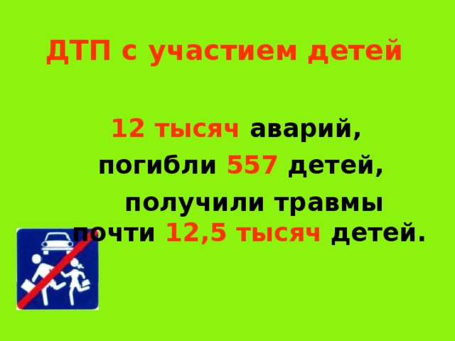 ДТП с участием детей 12 тысяч аварий, погибли 557 детей,  получили травмы почти 12,5 тысяч  детей. 