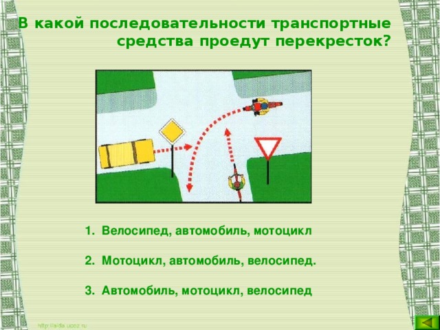 В какой последовательности транспортные средства проедут перекресток? Велосипед, автомобиль, мотоцикл Мотоцикл, автомобиль, велосипед. Автомобиль, мотоцикл, велосипед   