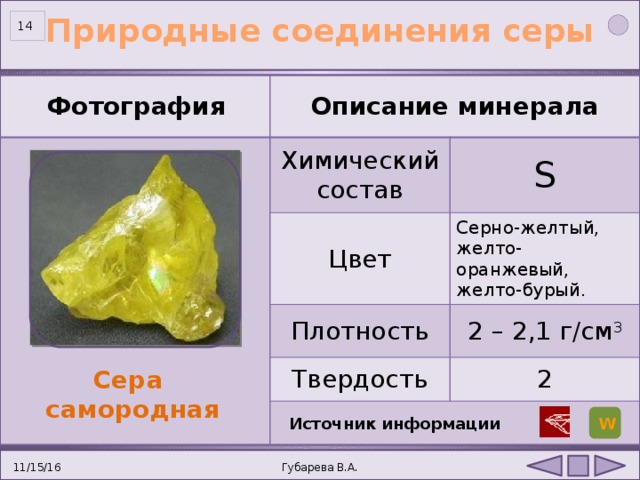 Описание химического элемента по плану сера