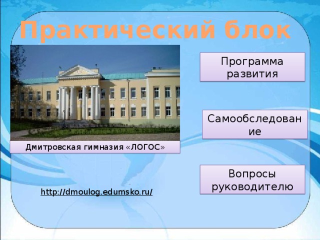 Практический блок Программа развития Самообследование Дмитровская гимназия «ЛОГОС» Вопросы руководителю http://dmoulog.edumsko.ru/  