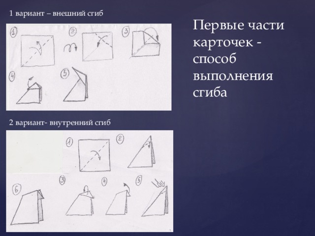 1 вариант – внешний сгиб Первые части карточек - способ выполнения сгиба 2 вариант- внутренний сгиб 