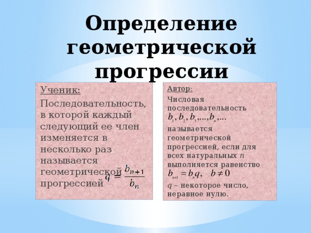 Определение геометрической прогрессии Ученик: Автор: Последовательность, в которой каждый следующий ее член изменяется в несколько раз называется геометрической прогрессией Числовая последовательность называется геометрической прогрессией, если для всех натуральных n выполняется равенство q – некоторое число, неравное нулю. 