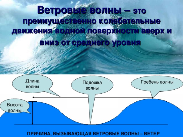 Ветровые волны – это преимущественно колебательные движения водной поверхности вверх и вниз от среднего уровня  Длина волны Гребень волны Подошва волны Высота волны ПРИЧИНА, ВЫЗЫВАЮЩАЯ ВЕТРОВЫЕ ВОЛНЫ – ВЕТЕР 