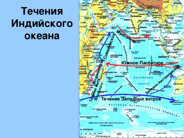 Мозамбикское Течение мыса Игольного Западно-Австралийское Сомалийское Муссонное Течения Индийского океана Южное Пассатное Течение Западных ветров 