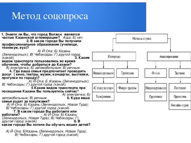 Метод соцопроса  1. Знаете ли Вы, что город Волжск является частью Казанской агломерации? А)да; Б) нет. 2. В каком городе Вы получали профессиональное образование (училище, техникум, вуз)? А) Й-Ола; Б) Казань (Зеленодольск); В) Чебоксары; Г) другой город (какой). 3. Каким видом транспорта пользовались во время обучения, чтобы добраться до Казани? А) электричка; Б) автомобильным; В) речным. 4. Где ваша семья предпочитает проводить досуг ( кино, театры, музеи, концерты, выставки, прогулки по городу)? А) Й-Ола; Б )Казань (Зеленодольск); В) Чебоксары; Г) другой город (какой). 5 . Каким видом транспорта при посещении Казани Вы пользуетесь сейчас ? А) электричка; Б) автомобильным; В) речным. 6. Куда ваша семья ездит за покупками? А) Й-Ола; Б) Казань (Зеленодольск, Новая Тура); В) Чебоксары; Г) другой город (какой). 7.  В каком городе Вы работаете или работали? А) Й-Ола; Б) Казань (Зеленодольск, Новая Тура); В) Чебоксары; Г) другой город (какой). 8. В каком городе Вы хотели бы обучать ваших детей? А) Й-Ола; Б)Казань (Зеленодольск, Новая Тура); В) Чебоксары; Г) другой город (какой). 