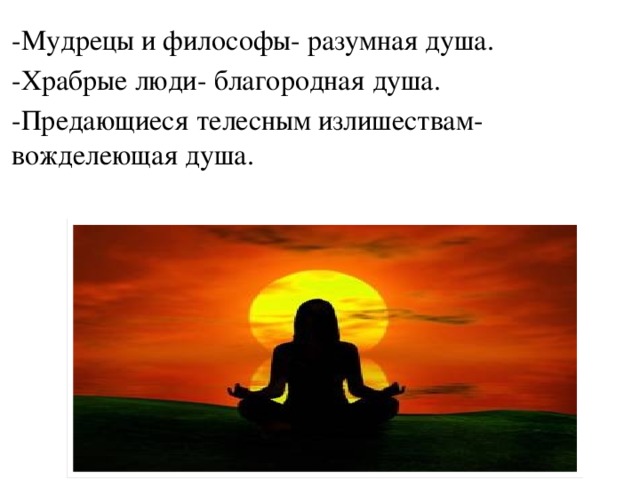 -Мудрецы и философы- разумная душа. -Храбрые люди- благородная душа. -Предающиеся телесным излишествам- вожделеющая душа. 