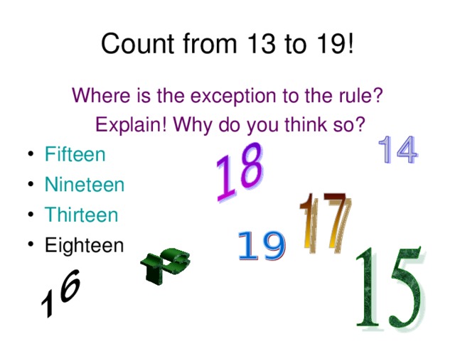 Count from 13 to 19! Where is the exception to the rule?  Explain! Why do you think so? Fifteen Nineteen Thirteen Eighteen 