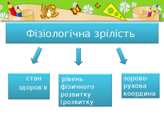 Фізіологічна зрілість  стан  здоров'я зорово-рухова координація  рівень фізичного розвитку (розвитку дрібної моторики рук ) 