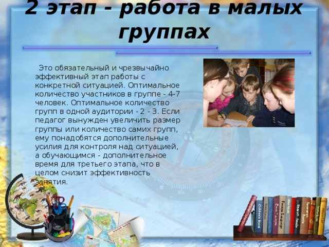 2 этап - работа в малых группах    Это обязательный и чрезвычайно эффективный этап работы с конкретной ситуацией. Оптимальное количество участников в группе - 4-7 человек. Оптимальное количество групп в одной аудитории - 2 - 3. Если педагог вынужден увеличить размер группы или количество самих групп, ему понадобятся дополнительные усилия для контроля над ситуацией, а обучающимся - дополнительное время для третьего этапа, что в целом снизит эффективность занятия. 