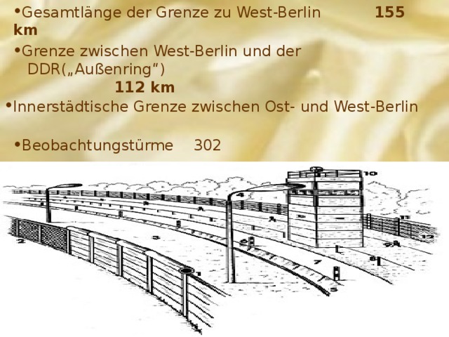 Gesamtlänge der Grenze zu West-Berlin  155 km  Grenze zwischen West-Berlin und der   DDR(„Außenring“)   112 km Innerstädtische Grenze zwischen Ost- und West-Berlin  43 km Beobachtungstürme  302 