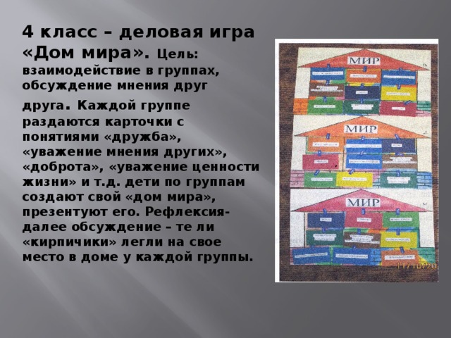 4 класс – деловая игра «Дом мира». Цель: взаимодействие в группах, обсуждение мнения друг друга . Каждой группе раздаются карточки с понятиями «дружба», «уважение мнения других», «доброта», «уважение ценности жизни» и т.д. дети по группам создают свой «дом мира», презентуют его. Рефлексия- далее обсуждение – те ли «кирпичики» легли на свое место в доме у каждой группы. 