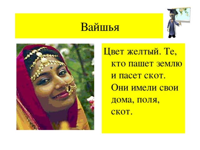 Цвет желтый. Те, кто пашет землю и пасет скот. Они имели свои дома, поля, скот.