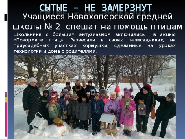 Учащиеся Новохоперской средней школы № 2 спешат на помощь птицам Школьники с большим энтузиазмом включились в акцию «Покормите птиц». Развесили в своих палисадниках, на приусадебных участках кормушки, сделанные на уроках технологии и дома с родителями.  Самыми активными стали первоклассники. 