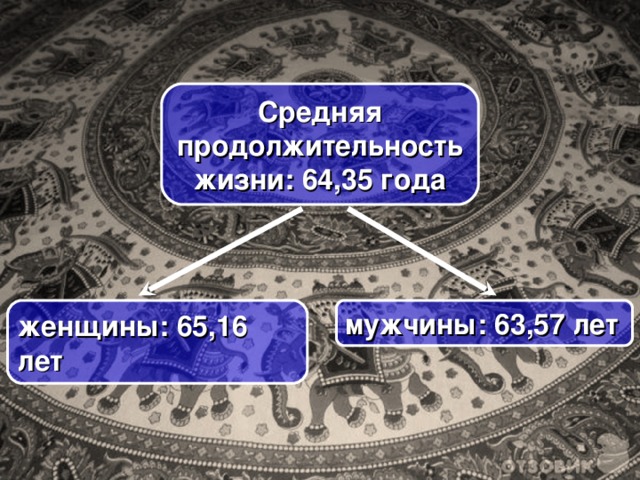 Средняя продолжительность жизни: 64,35 года мужчины: 63,57 лет женщины: 65,16 лет 