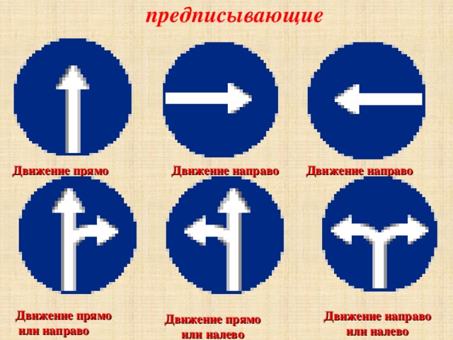 предписывающие   Движение прямо  Движение направо   Движение направо   Движение прямо  или направо  Движение направо  или налево Движение прямо или налево 