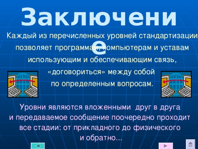 Заключение Каждый из перечисленных уровней стандартизации  позволяет программам, компьютерам и уставам  использующим и обеспечивающим связь,  «договориться» между собой  по определенным вопросам. Уровни являются вложенными друг в друга  и передаваемое сообщение поочередно проходит  все стадии: от прикладного до физического  и обратно... 