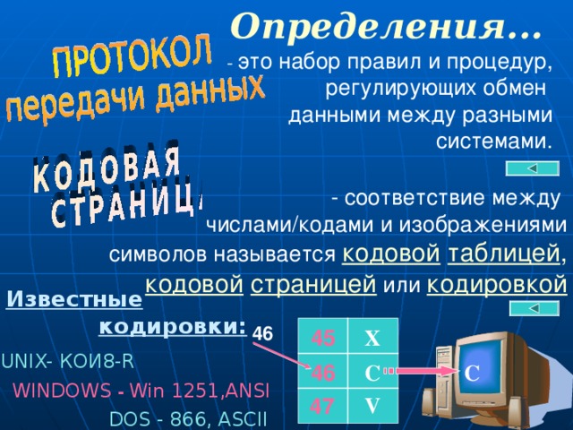 Определения... - это набор правил и процедур, регулирующих обмен  данными между разными системами. - соответствие между  числами/кодами и изображениями символов называется кодовой  таблицей ,   кодовой  страницей или кодировкой Известные   кодировки: 46 45 X UNIX- КОИ8- R 46 C С WINDOWS - Win 1251,ANSI V 47 DOS - 866, ASCII 15 