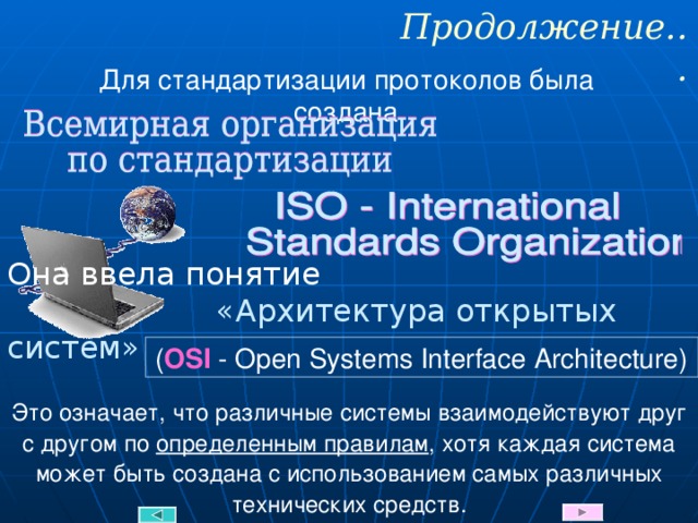 Продолжение... Для стандартизации протоколов была создана Она ввела понятие     «Архитектура открытых систем» ( OSI - Open Systems Interface Architecture) Это означает, что различные системы взаимодействуют друг с другом по определенным правилам , хотя каждая система может быть создана с использованием самых различных технических средств. 