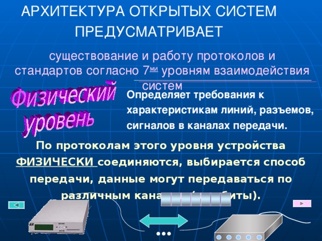 АРХИТЕКТУРА ОТКРЫТЫХ СИСТЕМ ПРЕДУСМАТРИВАЕТ существование и работу протоколов и стандартов согласно 7 ми уровням взаимодействия систем Определяет требования к характеристикам линий, разъемов,  сигналов в каналах передачи.  По протоколам этого уровня устройства ФИЗИЧЕСКИ соединяются, выбирается способ передачи, данные могут передаваться по различным каналам (как биты). ... 