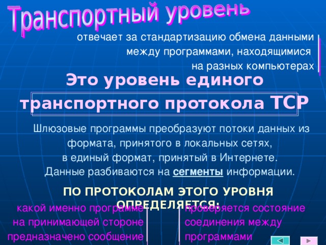 отвечает за стандартизацию обмена данными между программами, находящимися  на разных компьютерах Это уровень единого транспортного протокола TCP Шлюзовые программы преобразуют потоки данных из формата, принятого в локальных сетях,  в единый формат, принятый в Интернете.  Данные разбиваются на сегменты  информации. ПО ПРОТОКОЛАМ ЭТОГО УРОВНЯ ОПРЕДЕЛЯЕТСЯ: какой именно программе  на принимающей стороне  предназначено сообщение проверяется состояние соединения между программами 7 