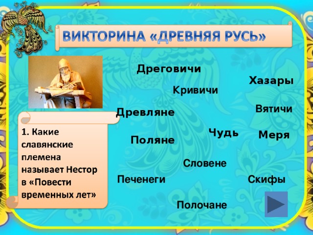 Дреговичи Хазары Кривичи Вятичи Древляне Чудь Меря Поляне Словене Печенеги Скифы Полочане  