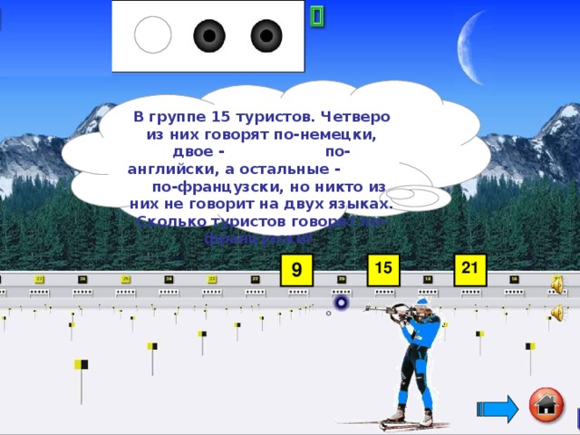 В группе 15 туристов. Четверо из них говорят по-немецки, двое - по-английски, а остальные - по-французски, но никто из них не говорит на двух языках. Сколько туристов говорят по-французски? 9 15 21