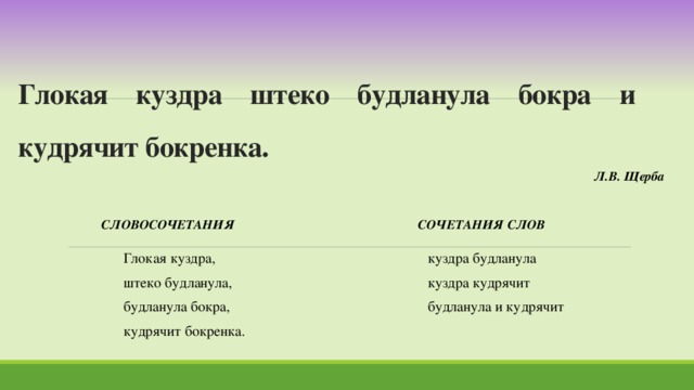 Глокая куздра штеко будланула бокра и  кудрячит бокренка. Л.В. Щерба СЛОВОСОЧЕТАНИЯ СОЧЕТАНИЯ СЛОВ Глокая куздра, куздра будланула штеко будланула, куздра кудрячит будланула бокра, будланула и кудрячит кудрячит бокренка. 