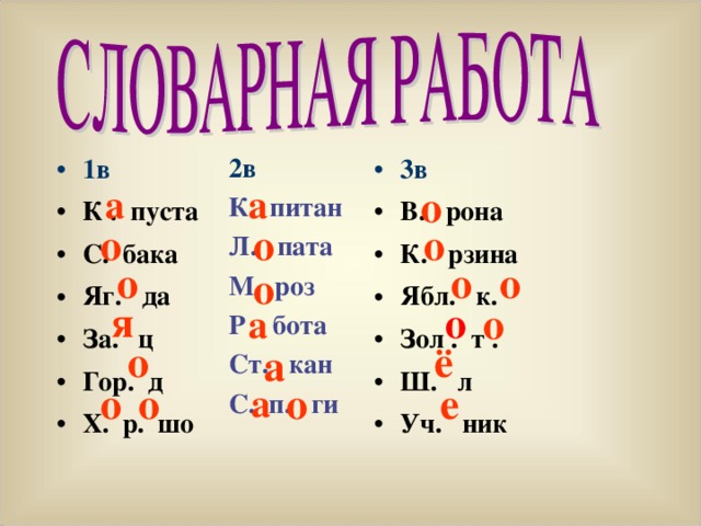 2в К. питан Л. пата М. роз Р . бота Ст. кан С. п. ги 1в 3в К . пуста С. бака Яг. да За. ц Гор. д Х. р. шо   В. рона К. рзина Ябл. к. Зол . т . Ш. л Уч. ник а а о о о о о  о о о я о о а о ё а о о о е а 