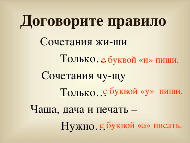 Договорите правило Сочетания жи-ши Только… Сочетания чу-щу Только… Чаща, дача и печать – Нужно… с буквой «и» пиши. с буквой «у» пиши. с буквой «а» писать. 