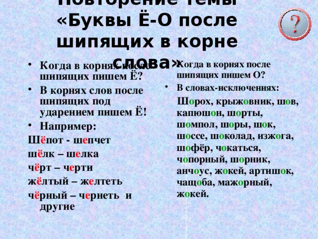 Повторение темы «Буквы Ё-О после шипящих в корне слова» Когда в корнях после шипящих пишем Ё? В корнях слов после шипящих под ударением пишем Ё! Например: Когда в корнях после шипящих пишем О? В словах-исключениях: Ш ё пот - ш е пчет ш ё лк – ш е лка ч ё рт – ч е рти ж ё лтый – ж е лтеть ч ё рный – ч е рнеть и другие  Ш о рох, крыж о вник, ш о в, капюш о н, ш о рты, ш о мпол, ш о ры, ш о к, ш о ссе, ш о колад, изж о га, ш о фёр, ч о каться, ч о порный,  ш о рник, анч о ус, ж о кей, артиш о к, чащ о ба, маж о рный, ж о кей.   